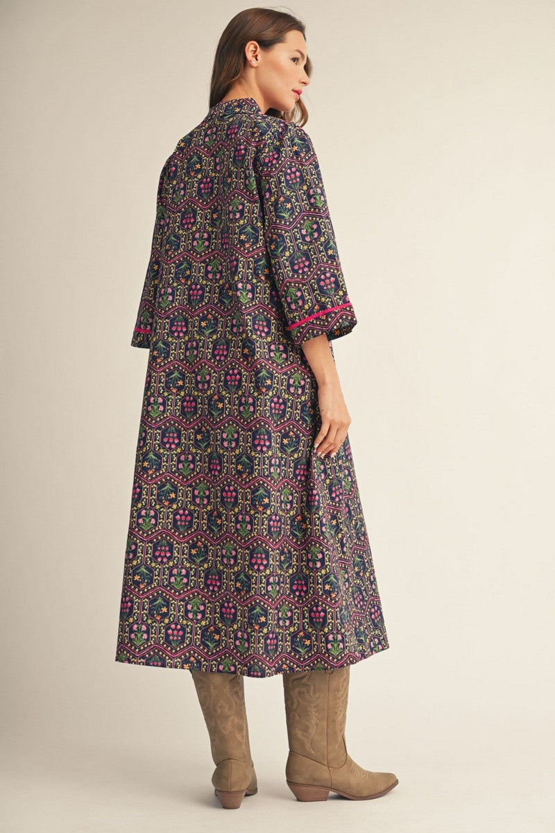 Jodifl Women's Button Down Floral Midi Dress - Navy/Magenta
