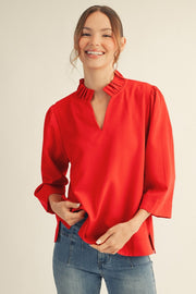 Jodifl Women's Ruffled Neck Crinkle Solid Top - Red