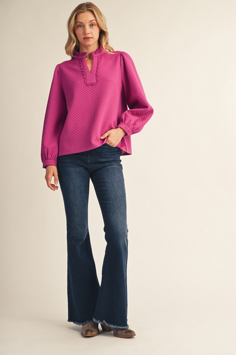 Jodifl Women's Ruffled Neck Textured Solid Top - Magenta