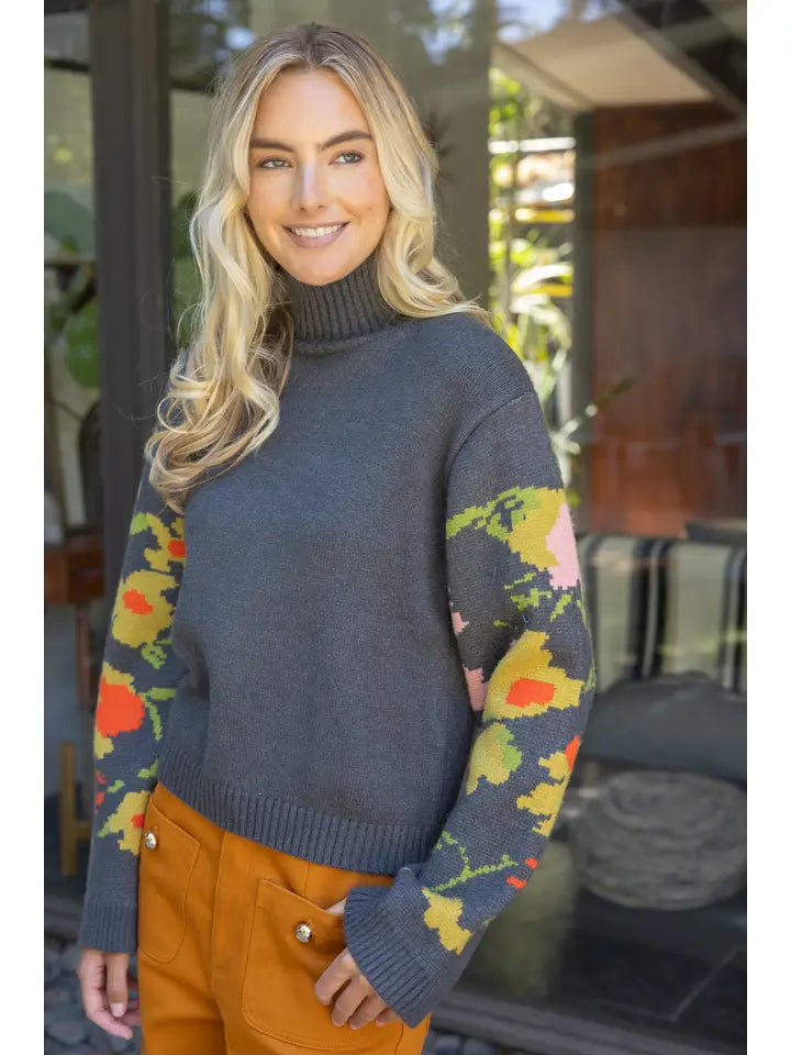 Voy Women's Floral Long Sleeve Mock Turtleneck Sweater