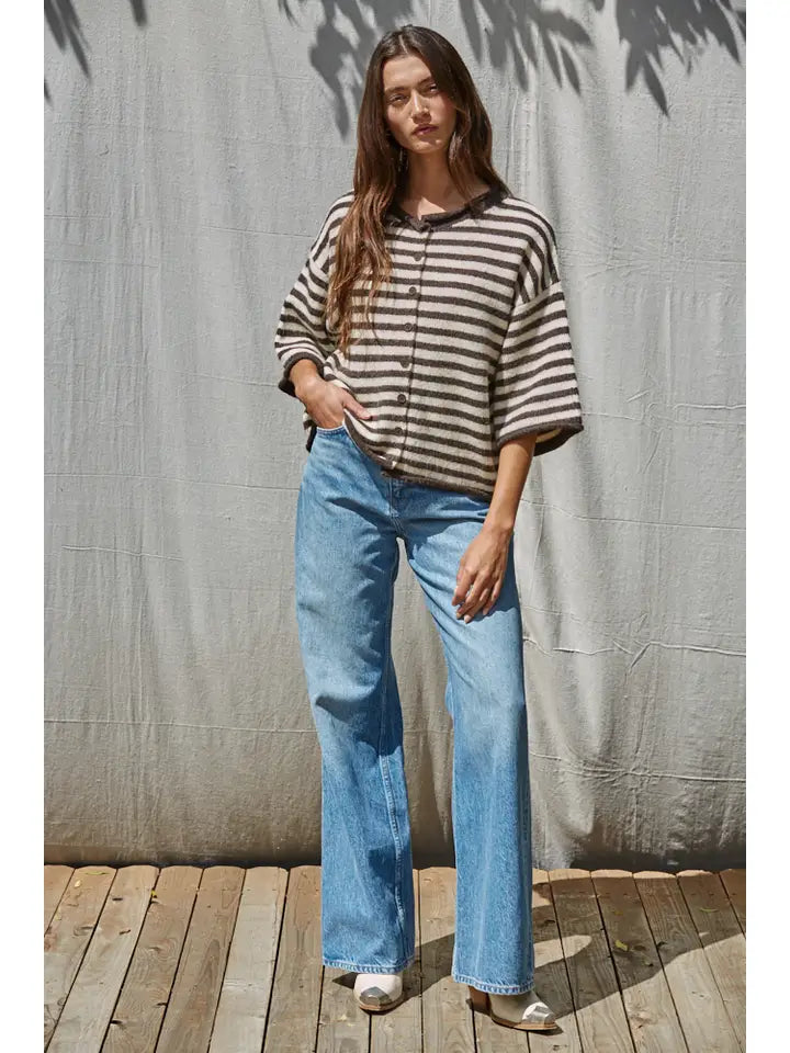 By Together Women's Striped Quarter Sleeve Cardigan