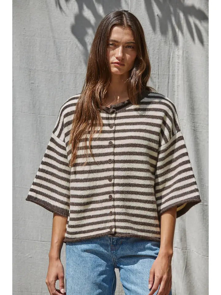 By Together Women's Striped Quarter Sleeve Cardigan
