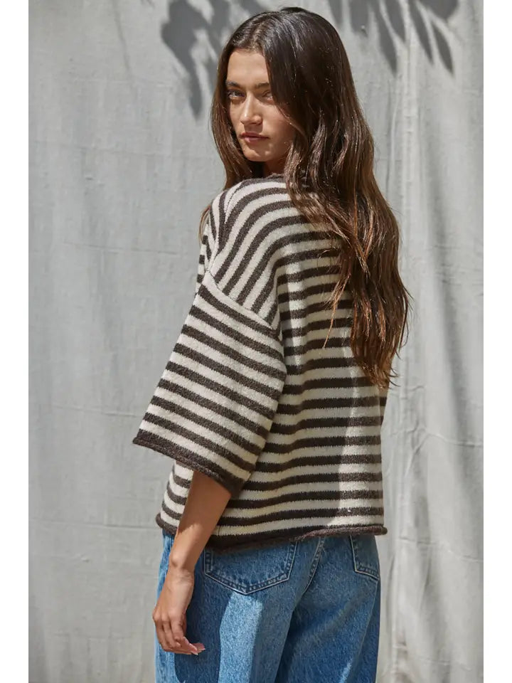 By Together Women's Striped Quarter Sleeve Cardigan