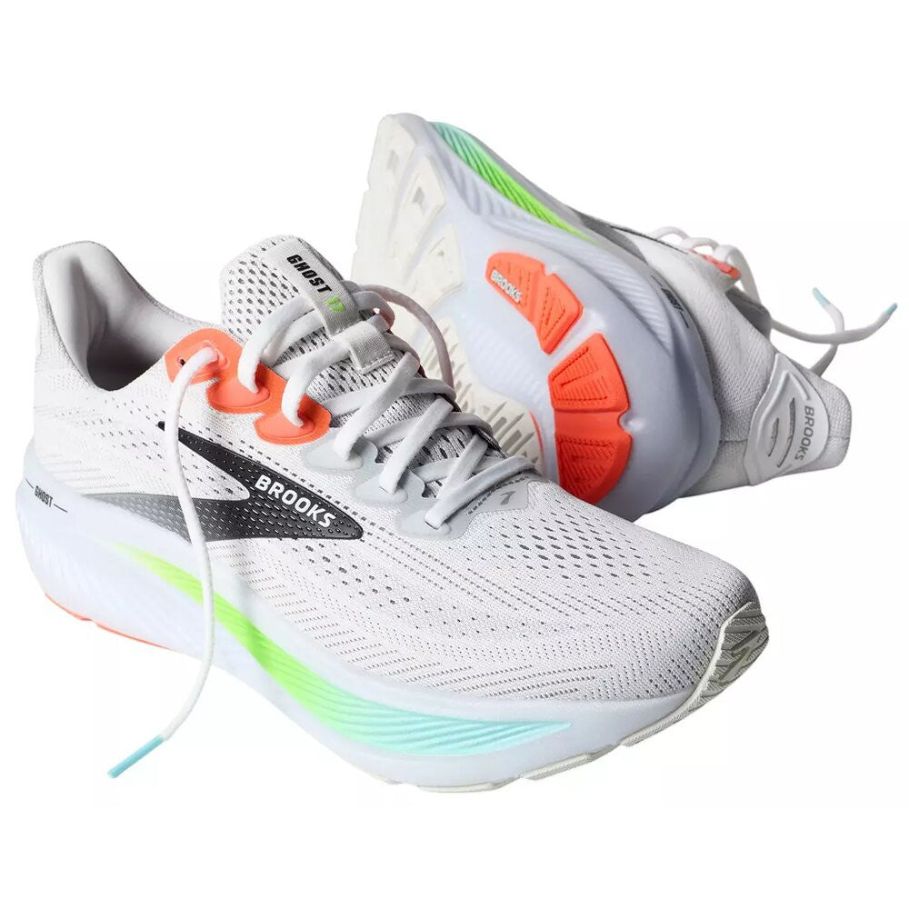 Brooks Men's Ghost 17 Running Shoes - Wide - White/Pink Clay/Gecko