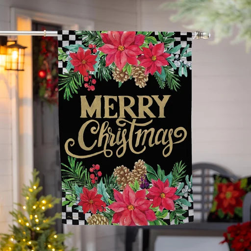 Evergreen Floral Checkered Merry Christmas Applique House Flag