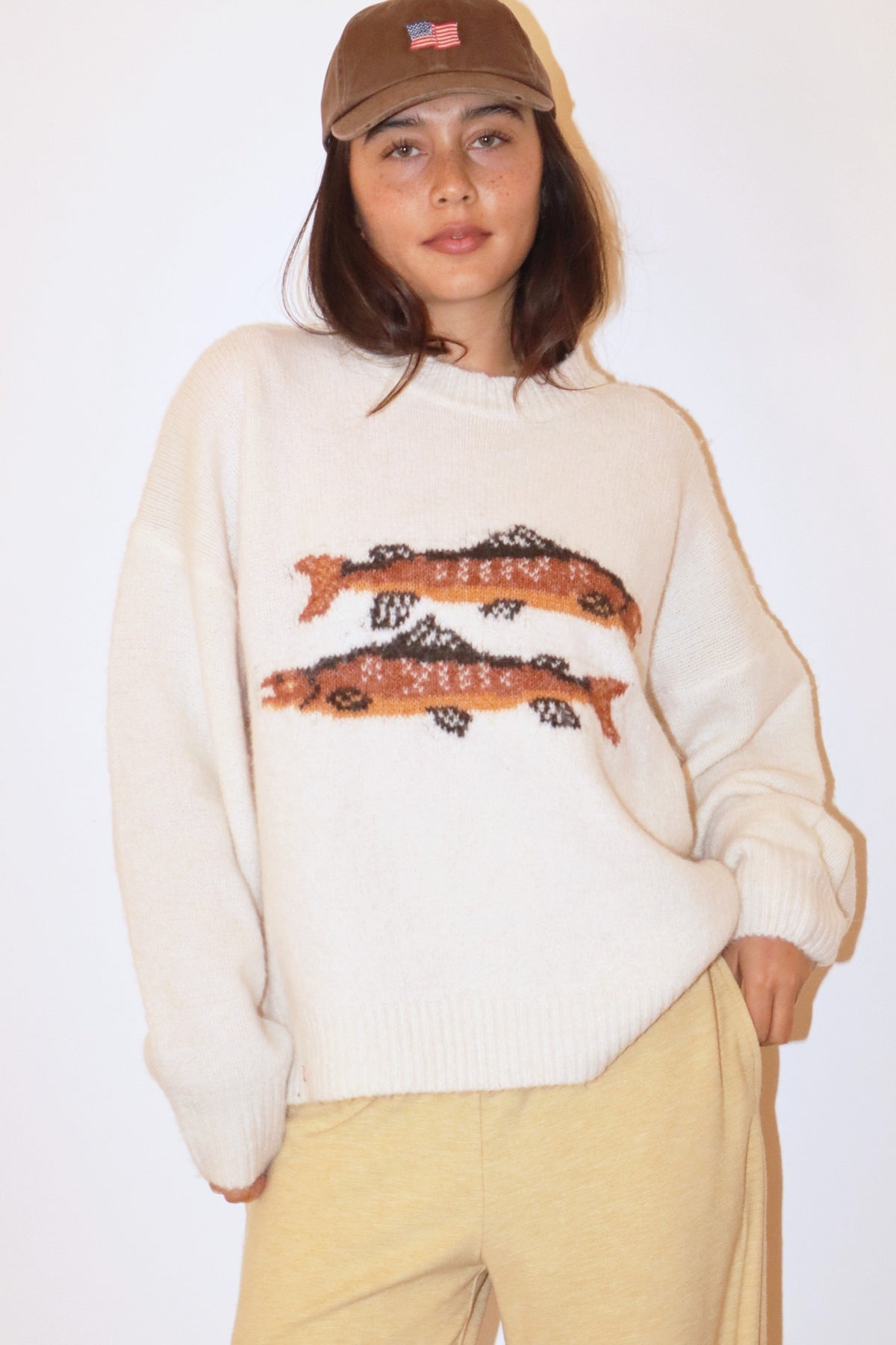 Bailey Rose Women's Cream Trout Graphic Knit Sweater