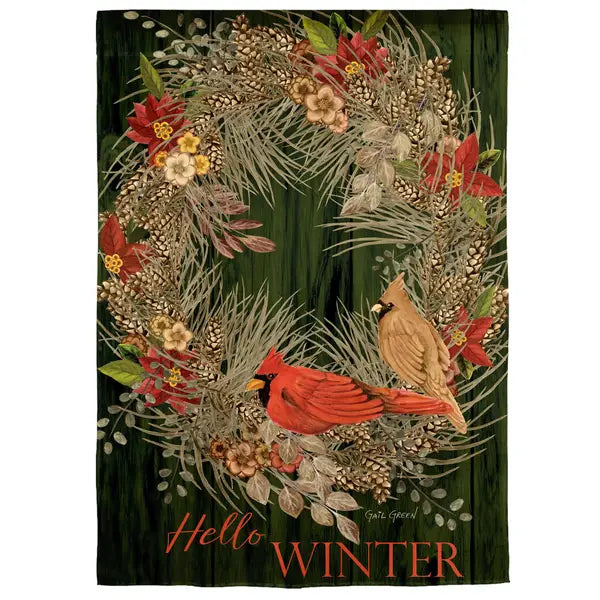 Evergreen Hello Winter Moire Garden Flag