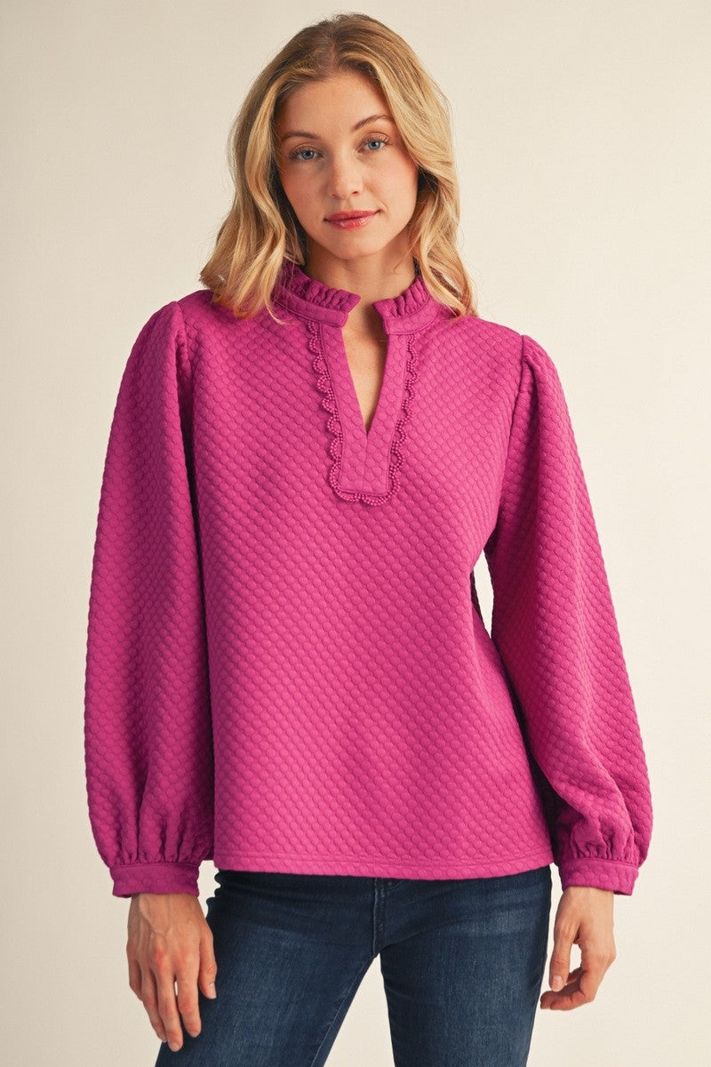 Jodifl Women's Ruffled Neck Textured Solid Top - Magenta