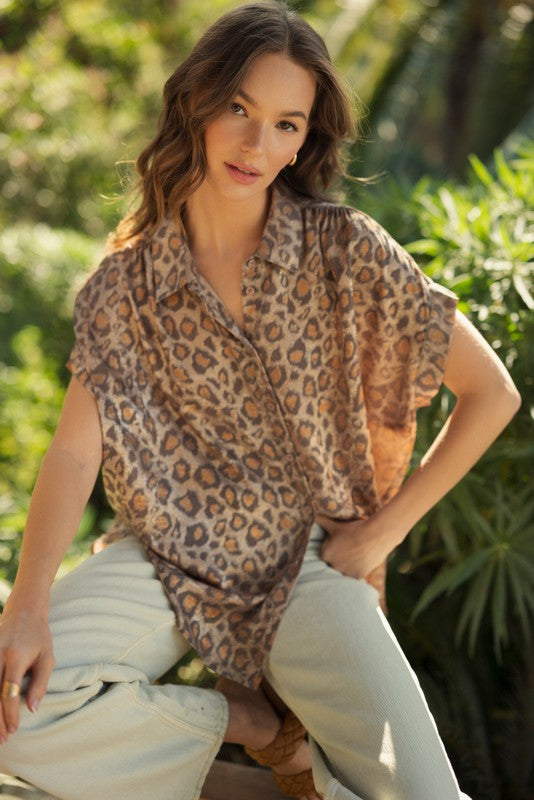 Jodifl Women's Leopard Print Collared Button Up Top - Toffee