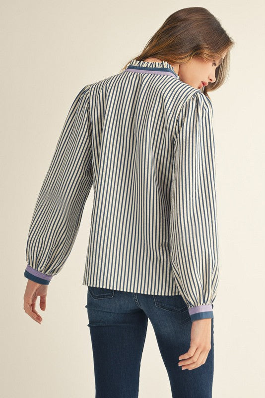 Jodifl Women's Ruffled Neck Button Down Stripe Top - Denim
