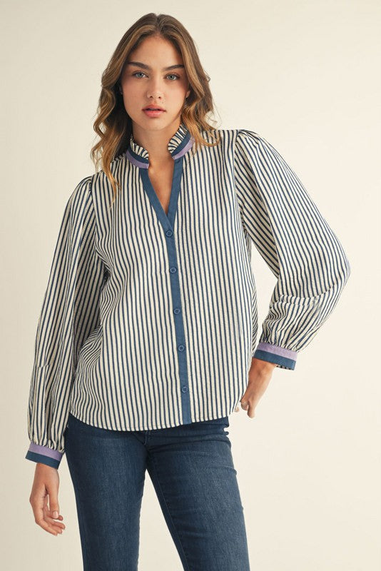 Jodifl Women's Ruffled Neck Button Down Stripe Top - Denim