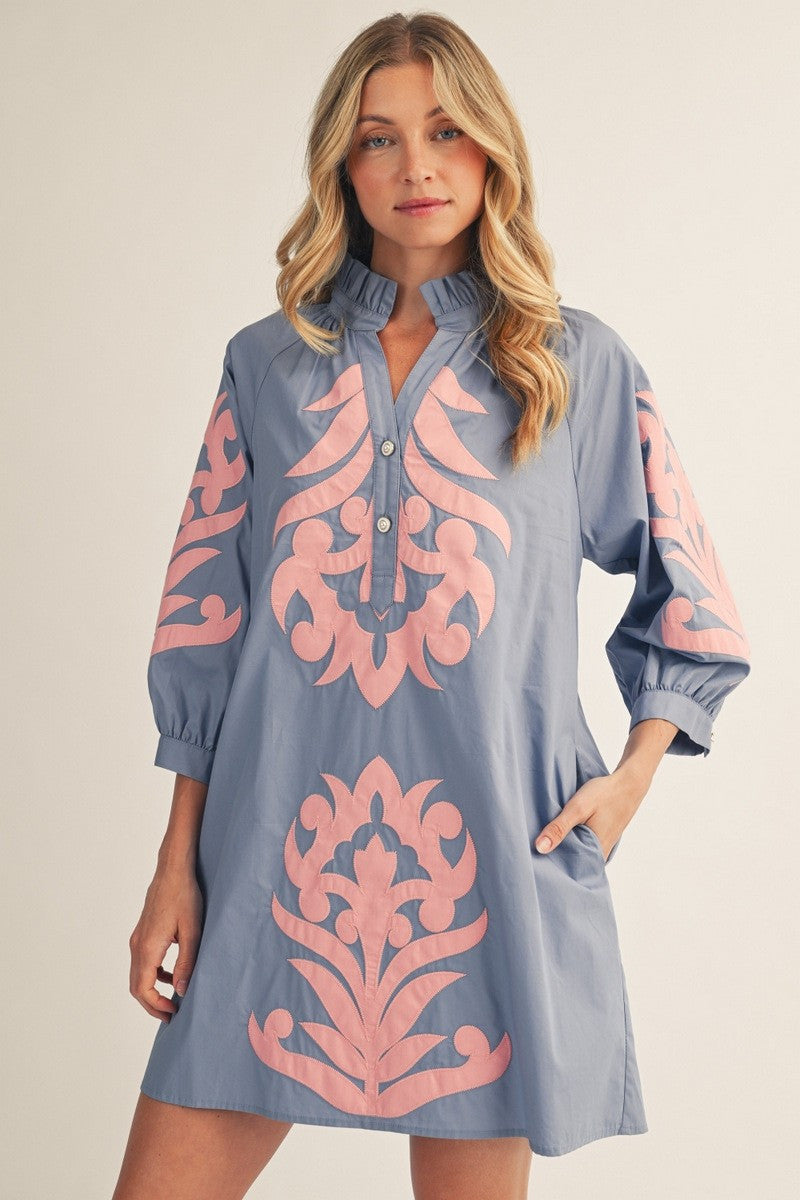 Jodifl Women's Cornflower & Pink Baroque Floral Applique Shift Dress