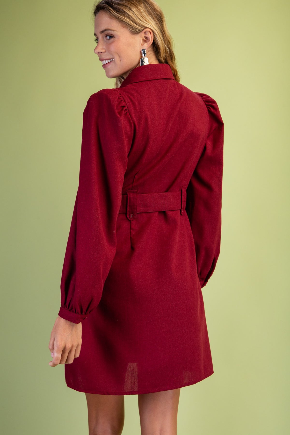 GiGiO Women's Linen Long Sleeve Shirt Dress - Burgundy