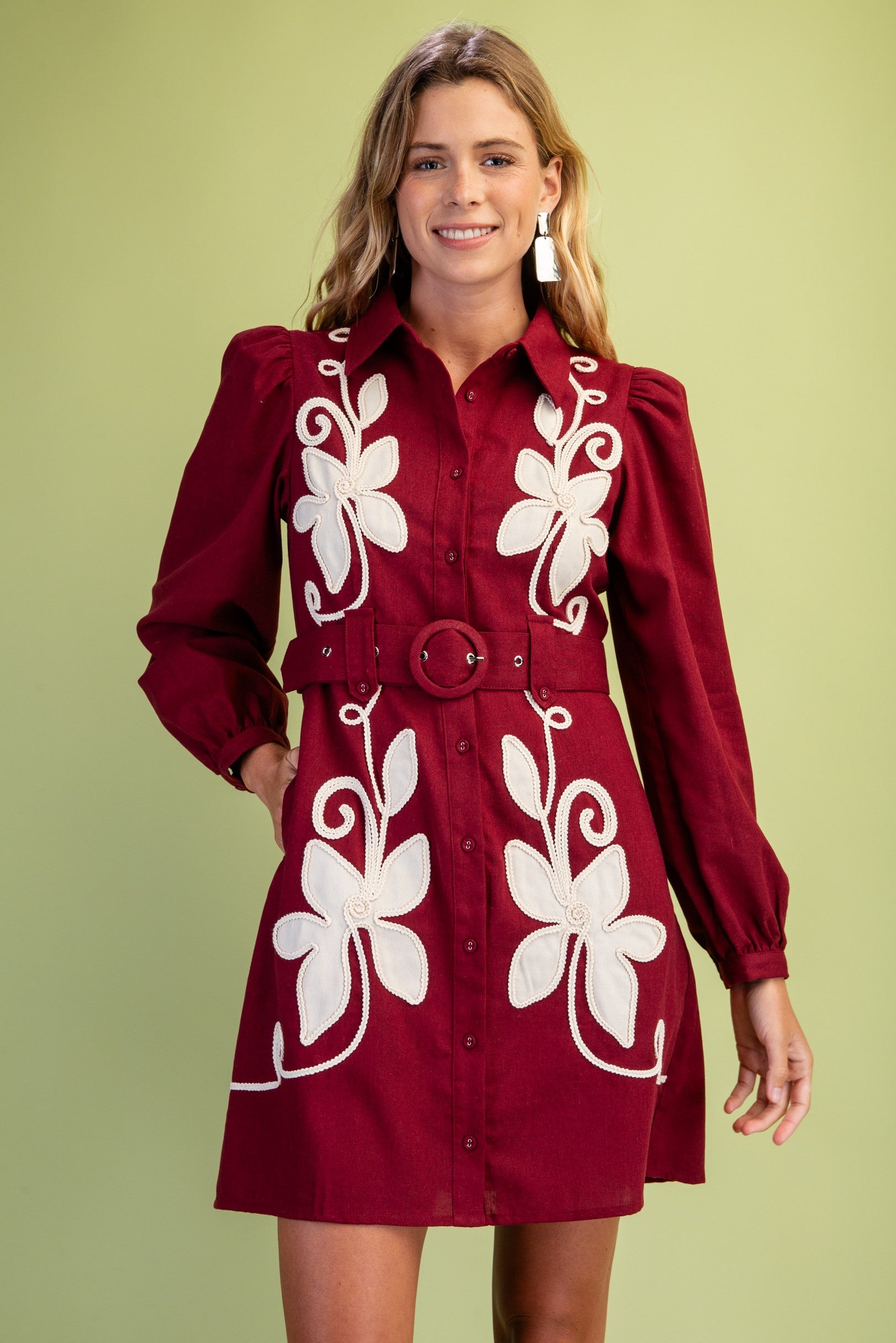 GiGiO Women's Linen Long Sleeve Shirt Dress - Burgundy