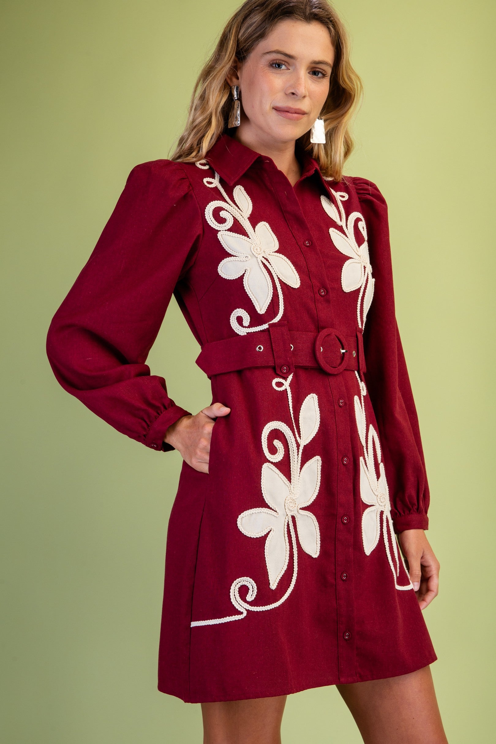 GiGiO Women's Linen Long Sleeve Shirt Dress - Burgundy