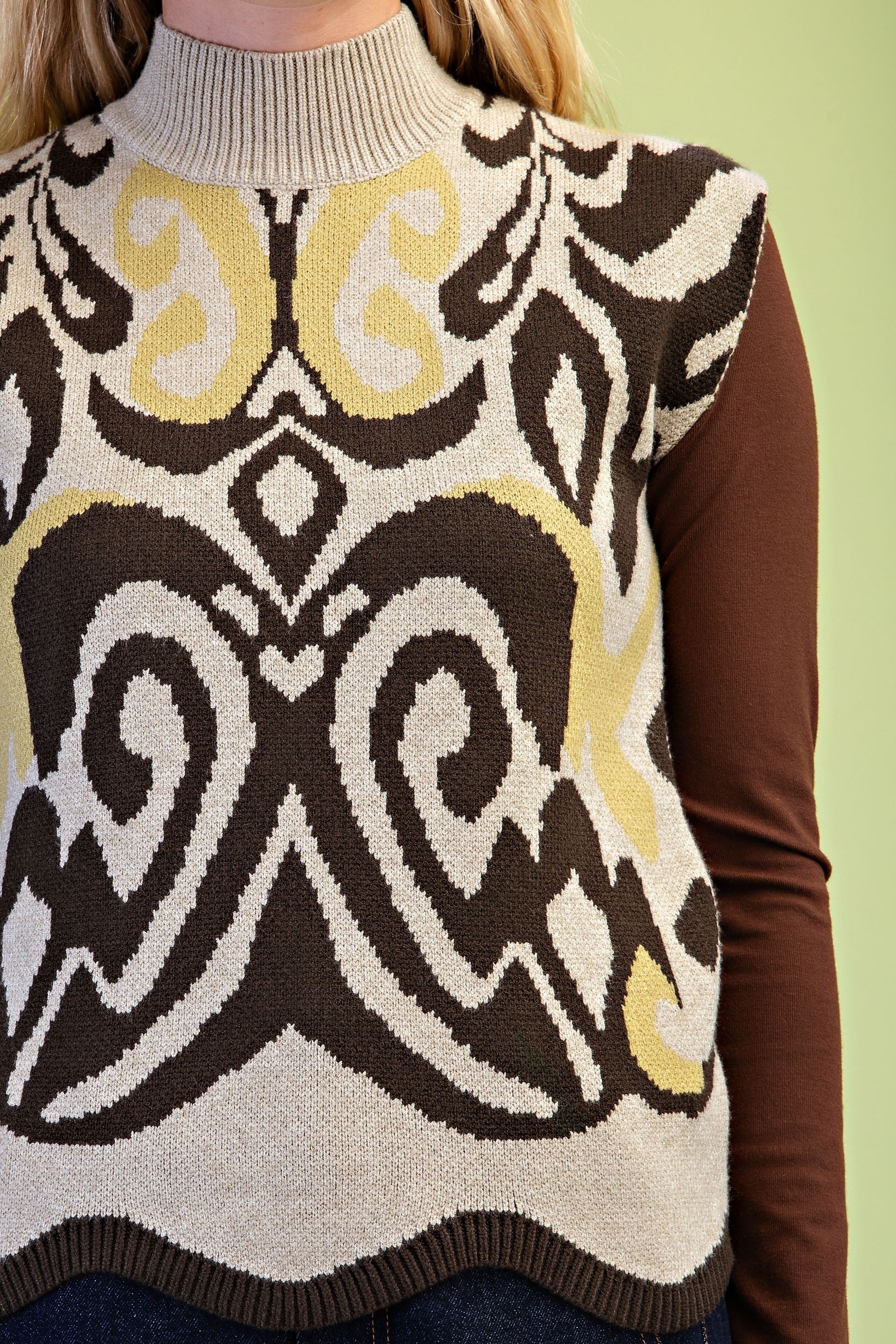 GiGiO Women's Ikat Print Mock Neck Sweater Vest - Olive