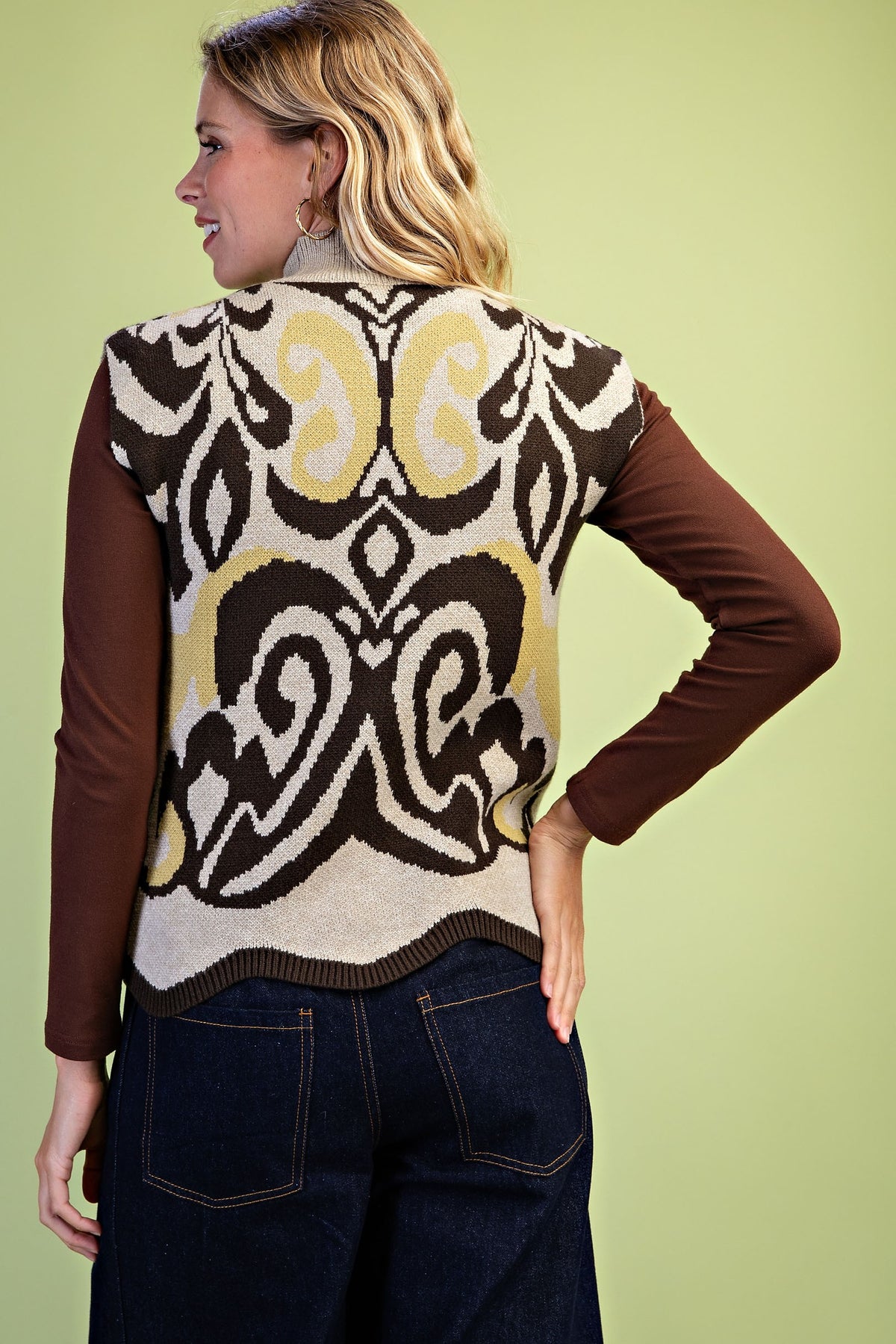 GiGiO Women's Ikat Print Mock Neck Sweater Vest - Olive