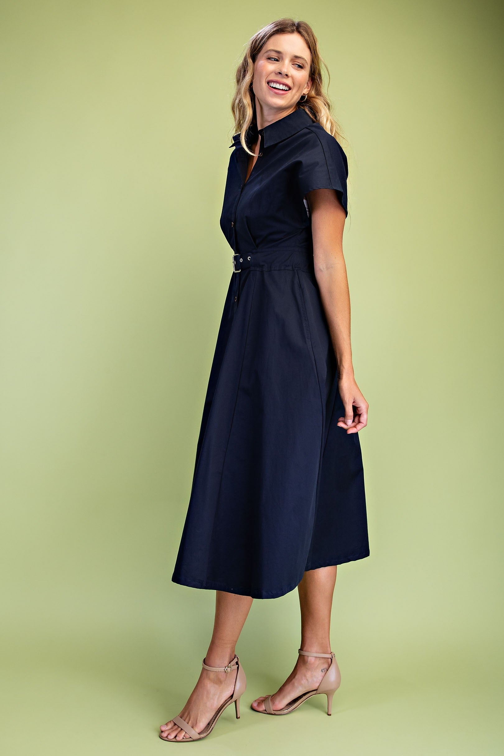 GiGiO Women's Belted Midi Trench Dress - Navy