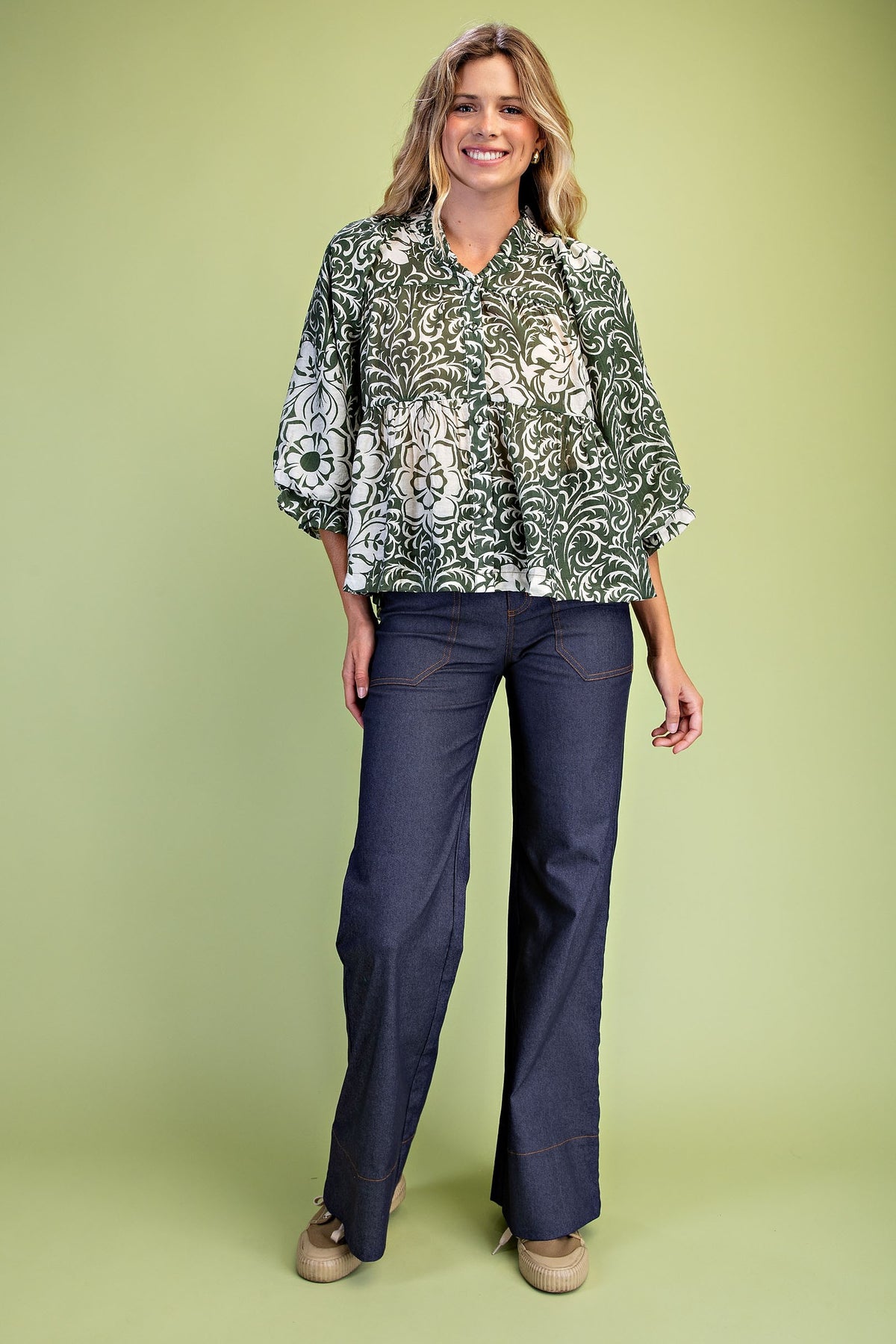 GiGiO Women's Printed Tiered Button-Down Blouse - Matcha