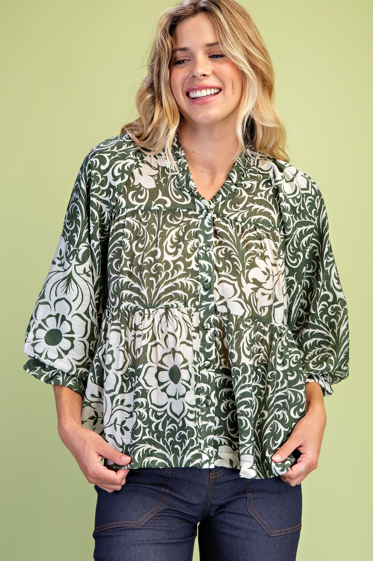 GiGiO Women's Printed Tiered Button-Down Blouse - Matcha