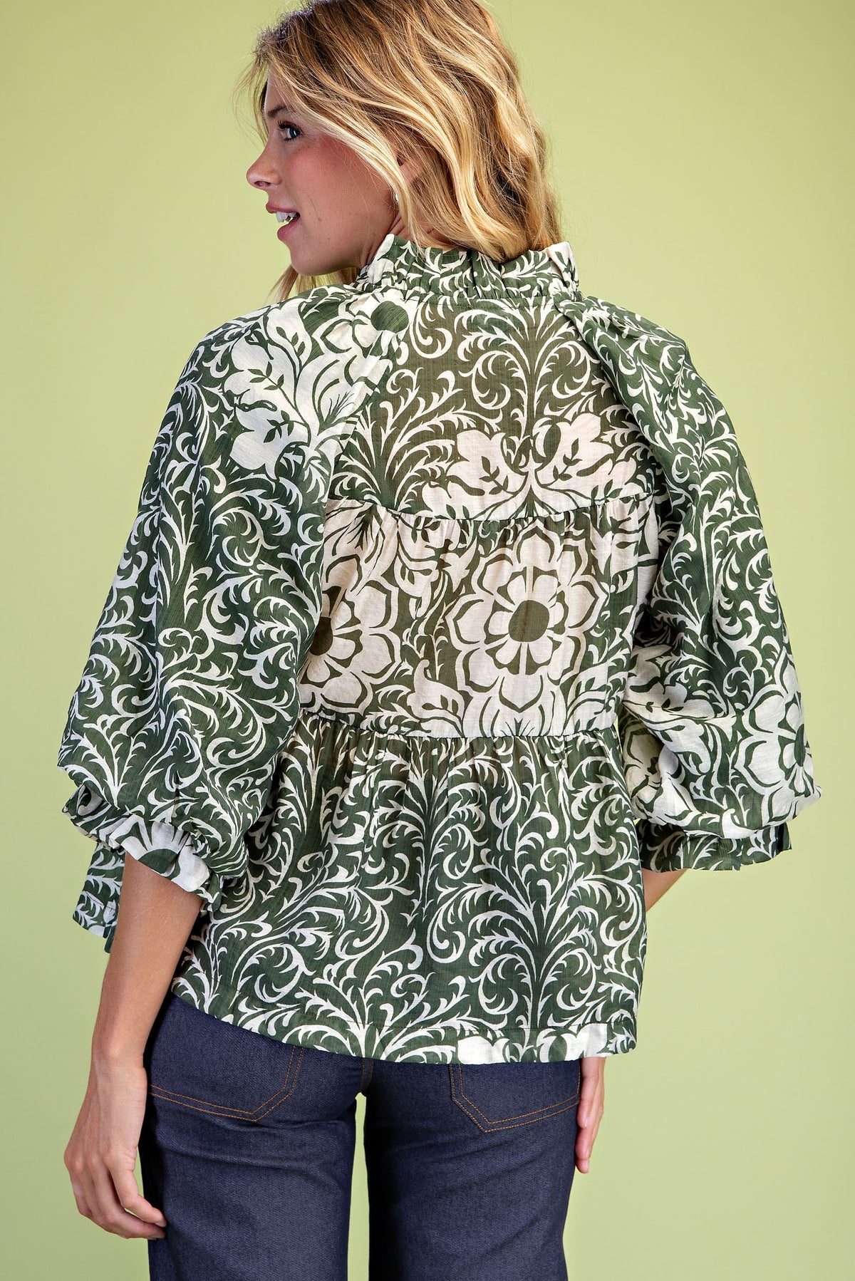 GiGiO Women's Printed Tiered Button-Down Blouse - Matcha