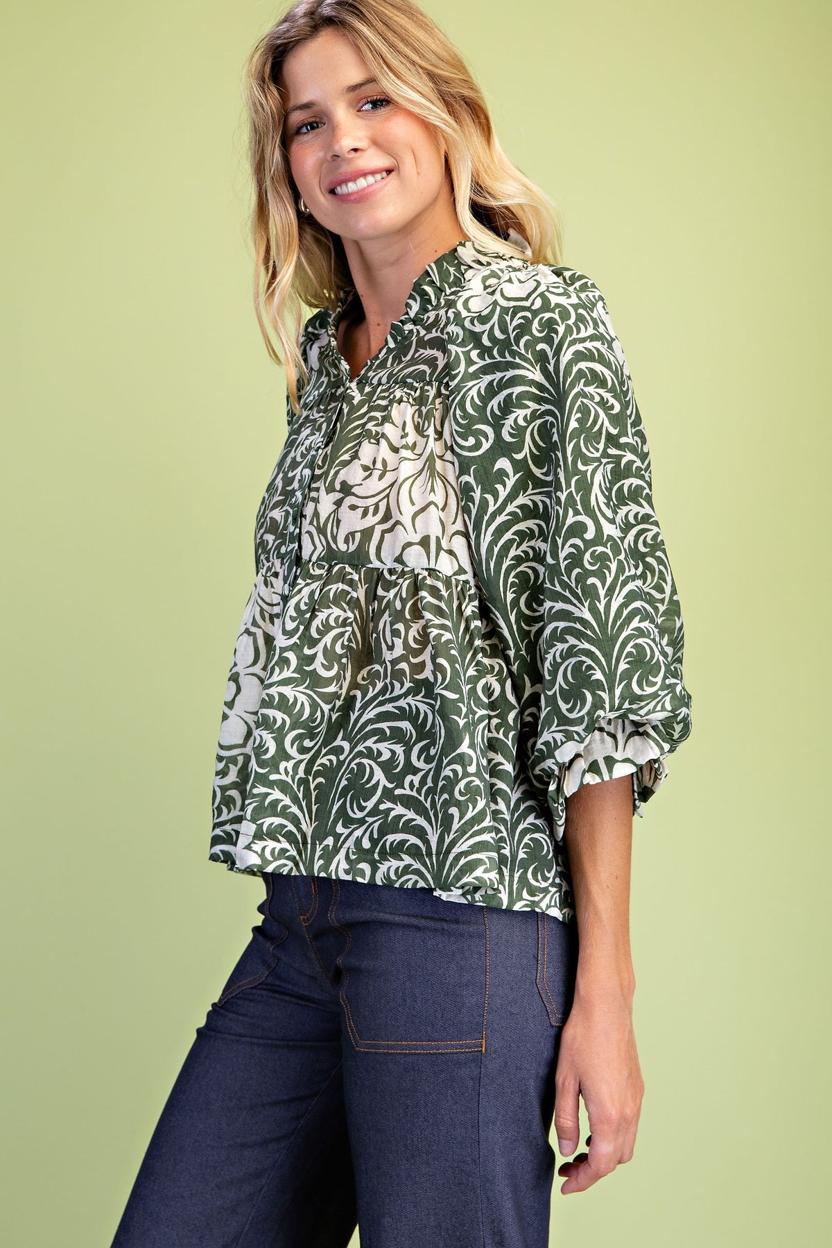 GiGiO Women's Printed Tiered Button-Down Blouse - Matcha