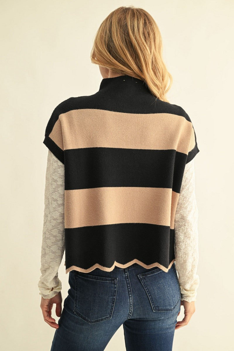 Jodifl Women's Scallop Hem Sweater Top - Black/Taupe