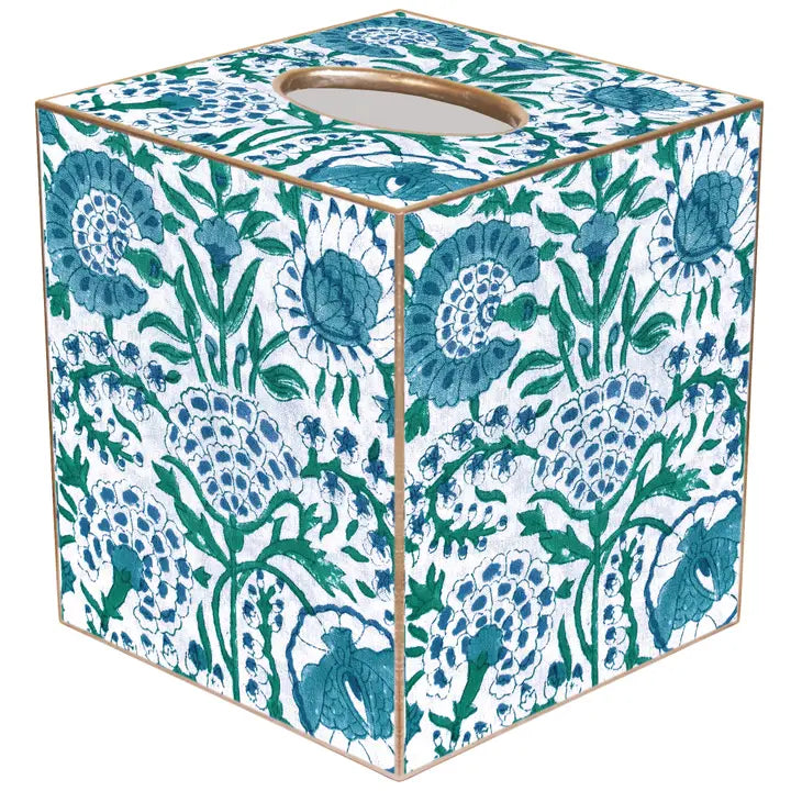 Marye-Kelley Blue Floral Block Print Tissue Box Cover