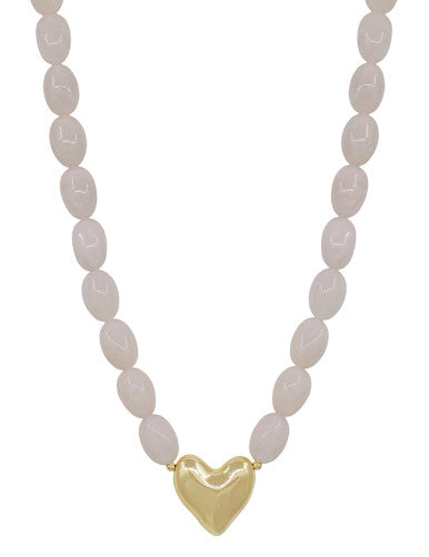 What's Hot Pink Acrylic Oval Beaded with Gold Heart Necklace