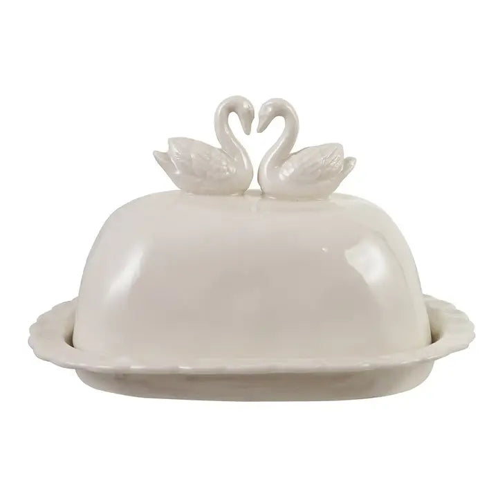 Hazel Mazel Scalloped Butter Dish with Swans