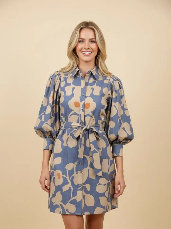 Heimish Women's Botanical Print Puff Sleeve Belted Mini Shirt Dress - Teal