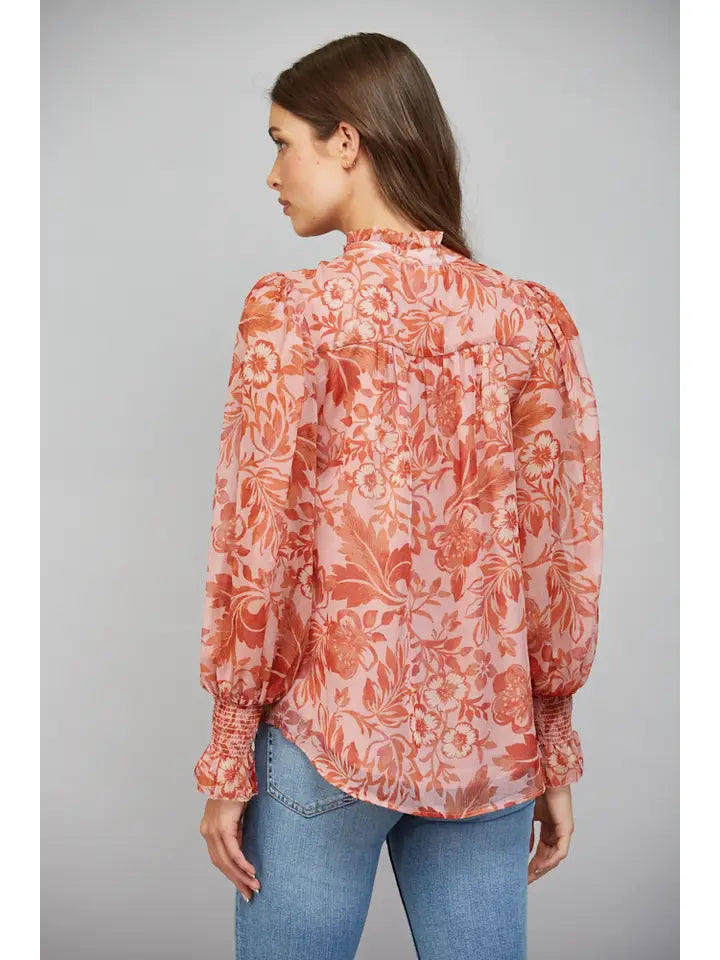 Fate Women's Floral Print Silky Button-Down Blouse - Soft Peach
