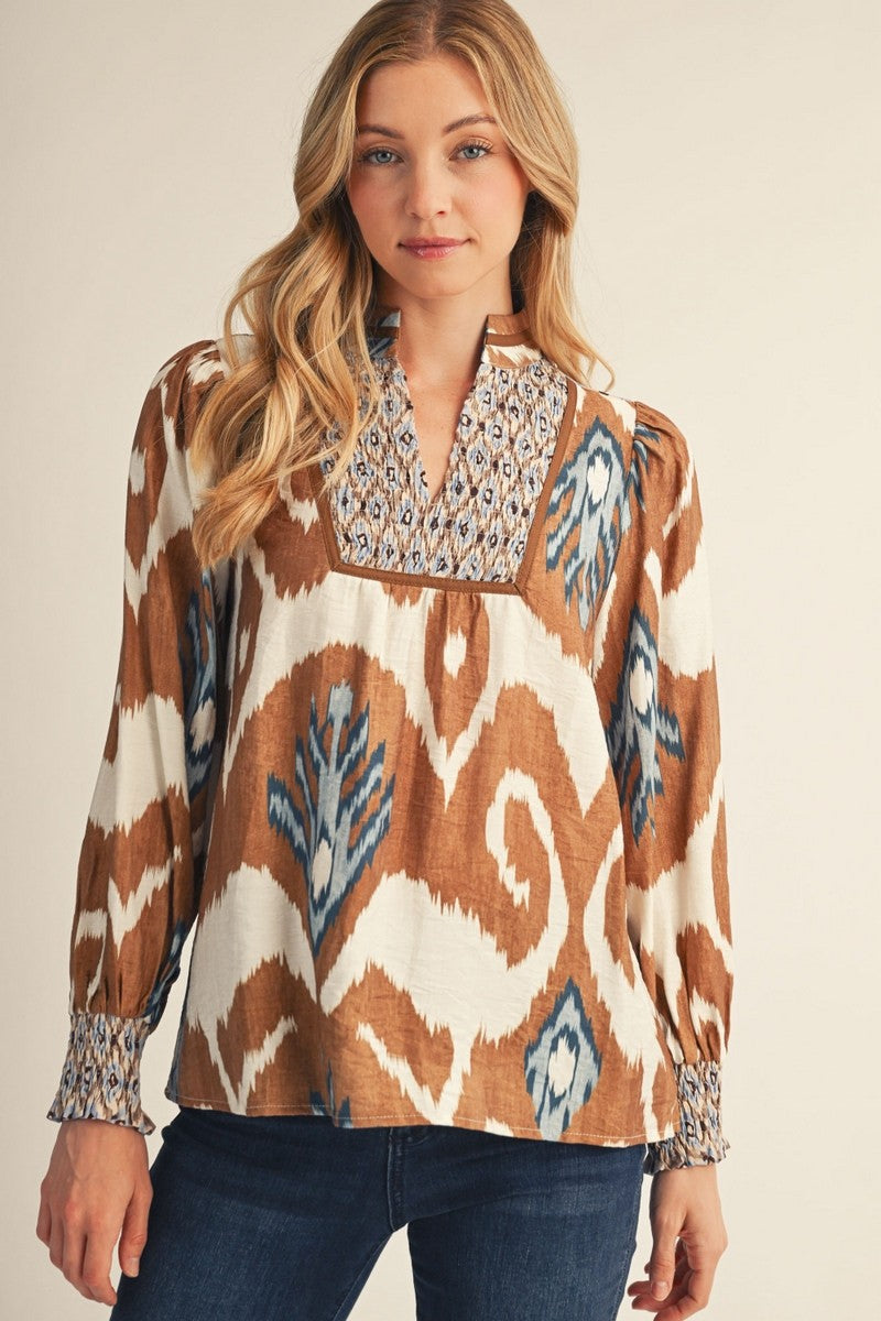 Jodifl Women's Smocked Abstract Patterned Top