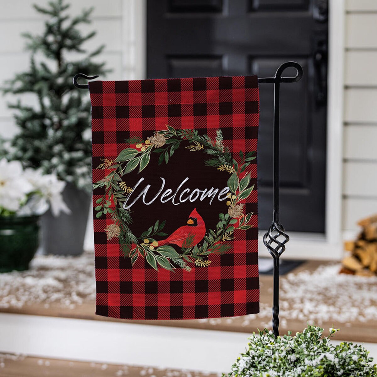 Evergreen Welcoming Cardinal Wreath Burlap Garden Flag