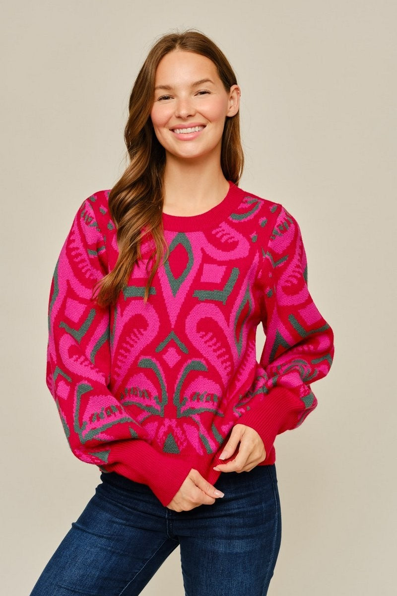 Jodifl Women's Abstract Pattern Warm & Cozy Sweater - Red Mix