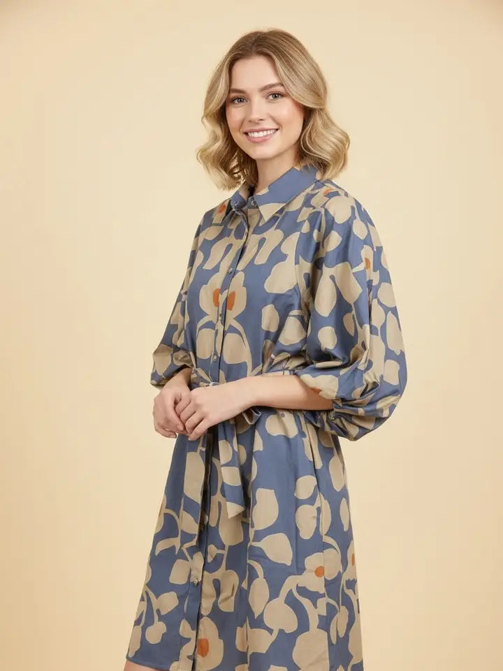 Heimish Women's Botanical Print Puff Sleeve Belted Mini Shirt Dress - Teal