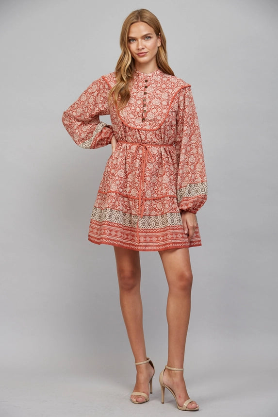 Fate Women's Floral Print Tie Waist Dress - Rust