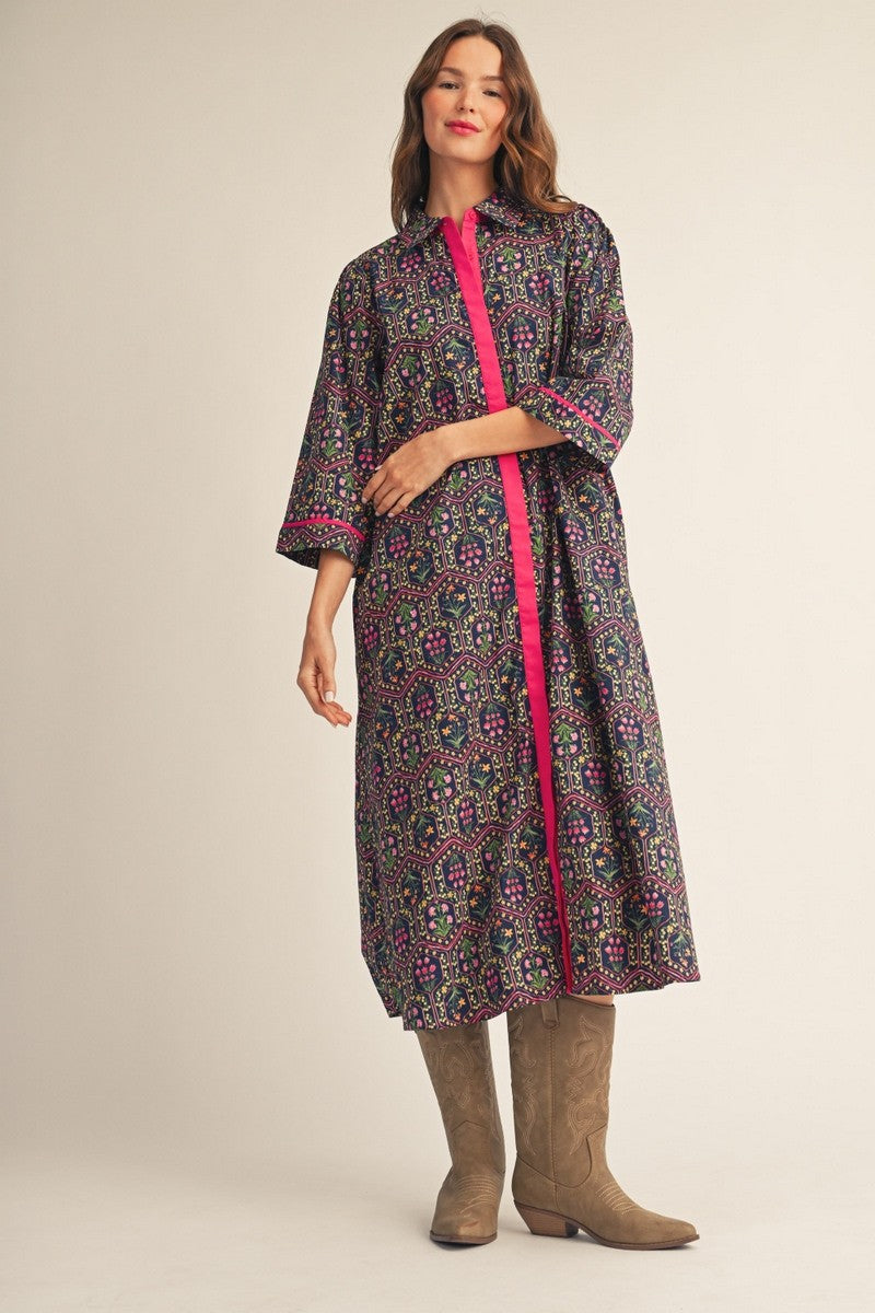 Jodifl Women's Button Down Floral Midi Dress - Navy/Magenta