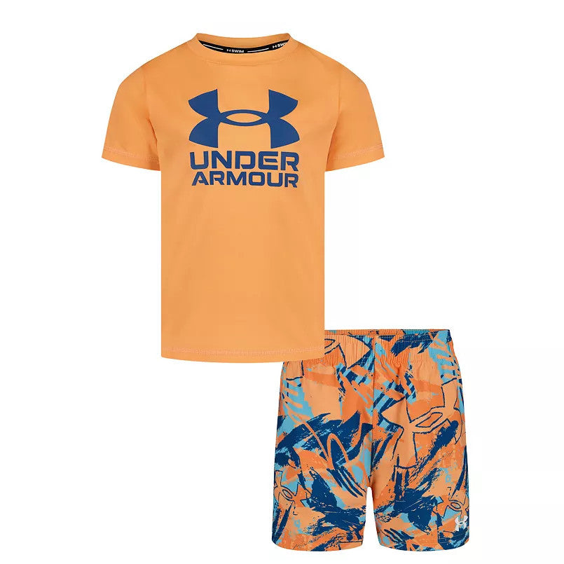 Under Armour Boys 2-Piece Short Sleeve Swim Shirt & Shorts Set - Orange Block