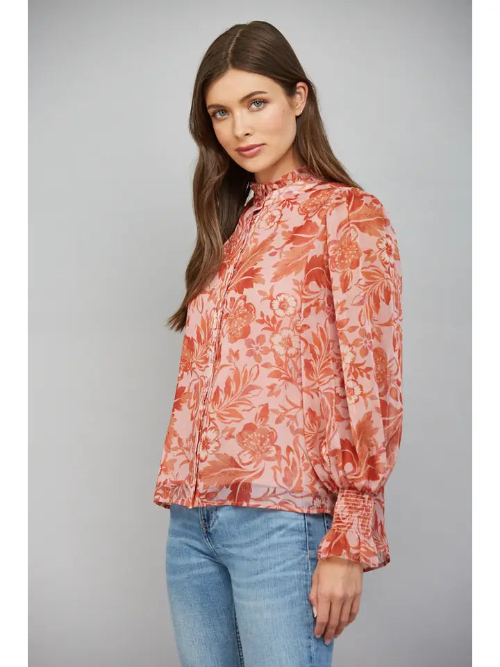 Fate Women's Floral Print Silky Button-Down Blouse - Soft Peach