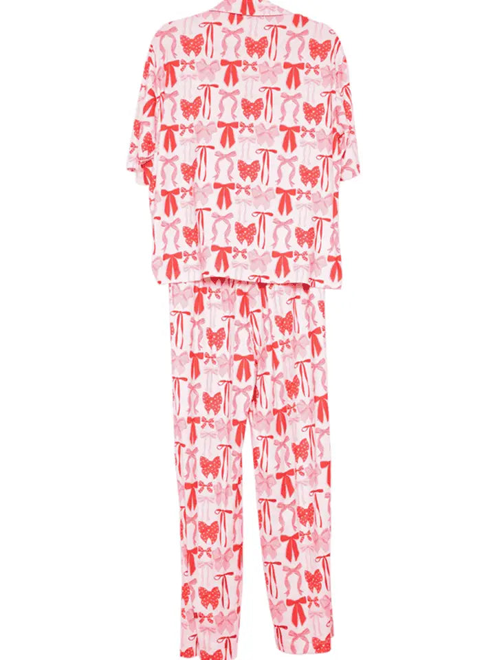 Katydid Women's Pink & Red Coquette Bow Pajama Pants Set
