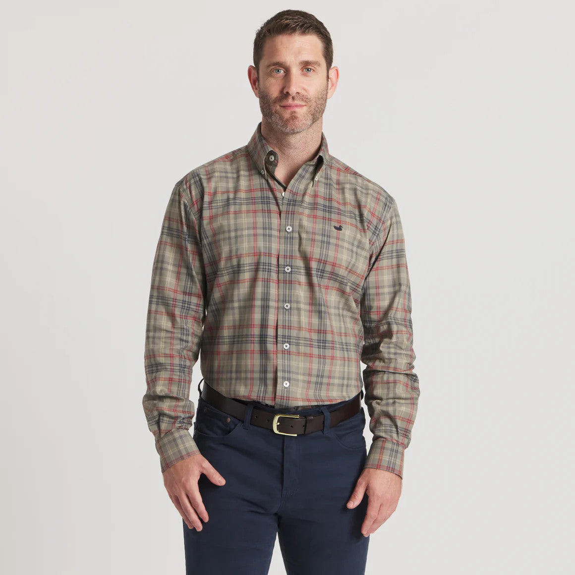 Southern Marsh Men's Barnstable Lines Performance Dress Shirt - Sage & Navy