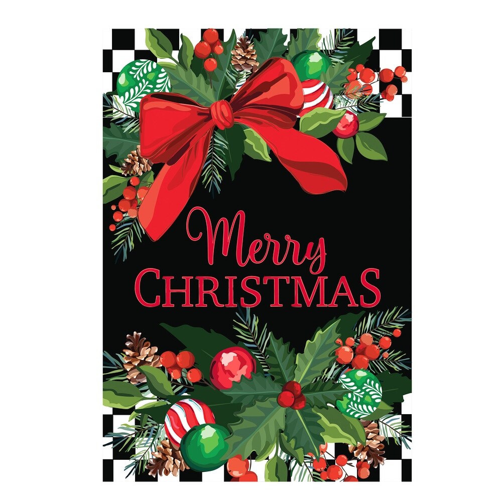 Evergreen Floral Checkered Merry Christmas Applique House Flag