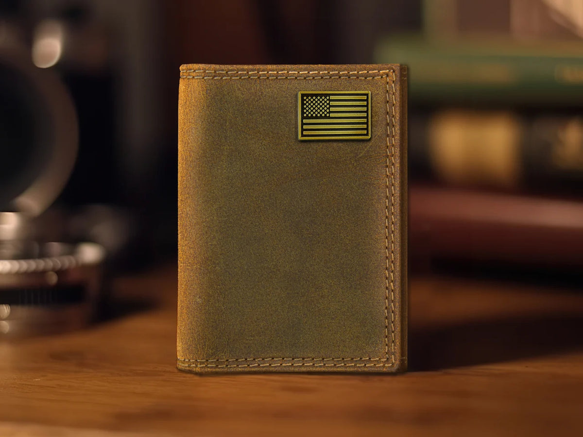 Zep-Pro American Flag Vintage Tan Leather Trifold Wallet