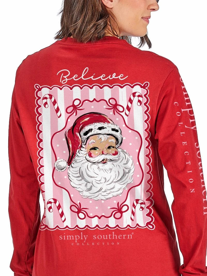 Simply Southern Women's Cute Santa Long Sleeve Tee - Red