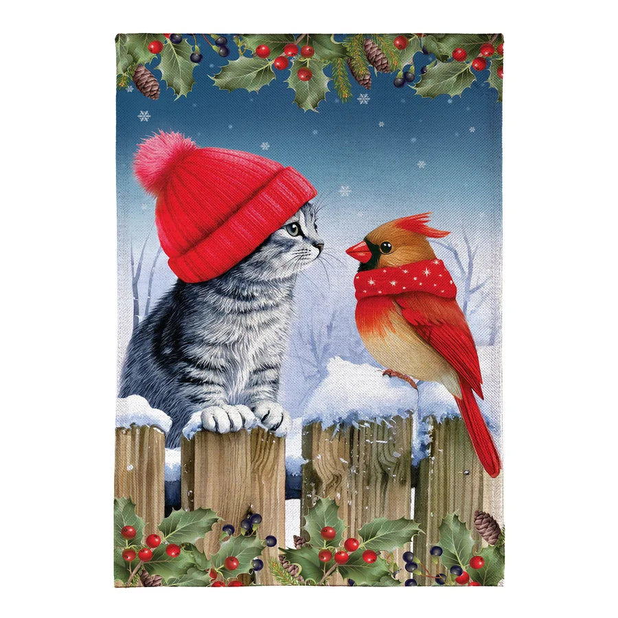 Evergreen Kitten & Cardinal Winter Friends Burlap Flag