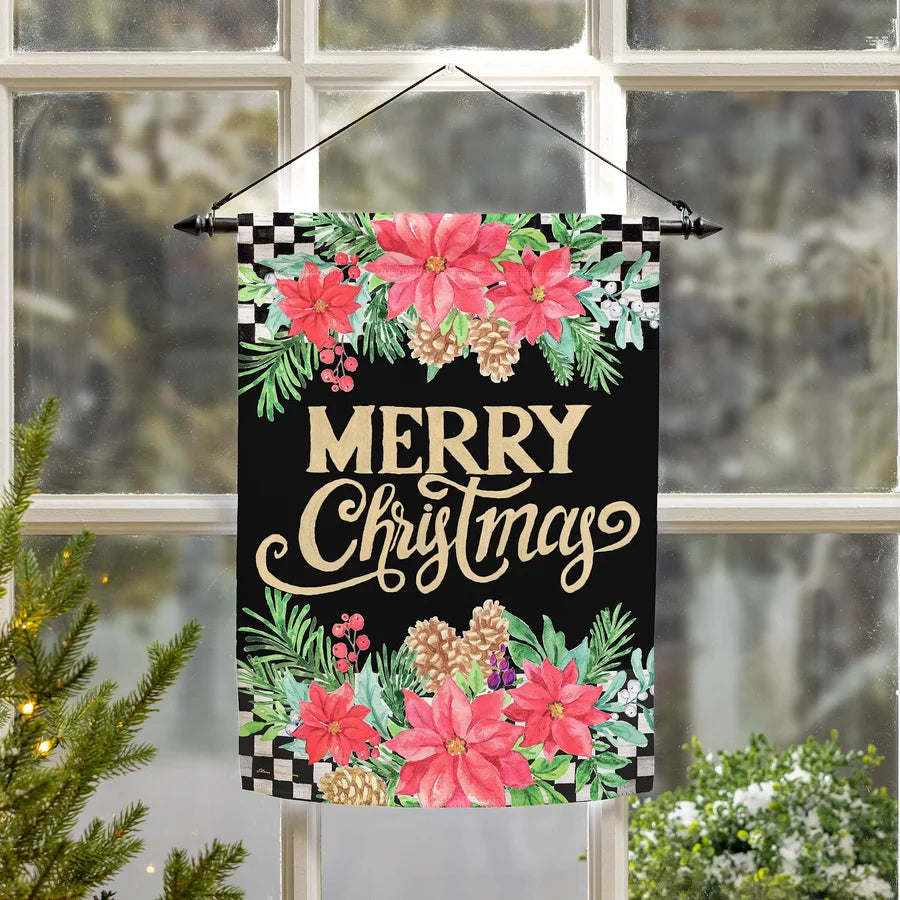 Evergreen Floral Checkered Merry Christmas Suede Garden Flag