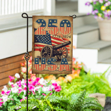 Evergreen 250th Anniversary Cannons Burlap Garden Flag