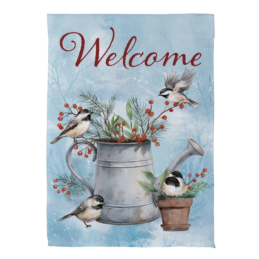 Evergreen Snowbirds Chickadee Watering Can Suede Flag