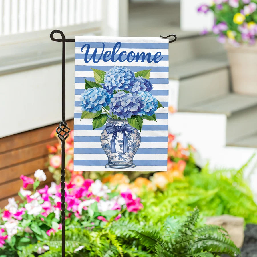 Evergreen Hydrangea Vase Burlap Garden Flag